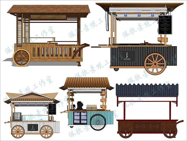中式景区售卖亭售货车木质推车摊位草图大师...
