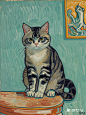 《梵高自画像》，一只猫的造型，世界名画，底光，艺术品，雕像，美术馆的壁画