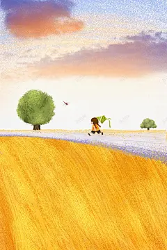 秋天背景立秋麦田手绘人物风筝 创意素材
