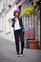 casual black & white look // leather jacket, white top, black slouchy pants & sneakers #style #fashion: 