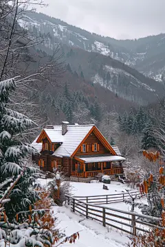 冬季雪景乡村小木屋