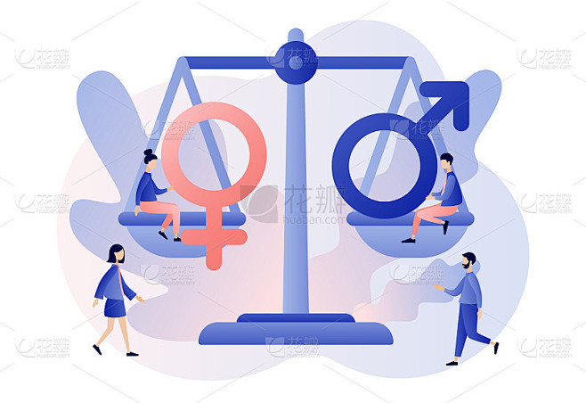 性别平等的概念。秤上显示女性和男性性别。女权运动要求像男人一样的宽容，权利和平等的机会。现代平面卡通