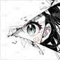 Anime Manga女孩的眼睛从纸屑中看着。被画得动漫的女孩向外窥探.被白色背景隔离。矢量说明EP