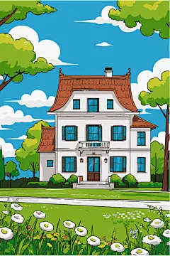 矢量手绘卡通别墅插画