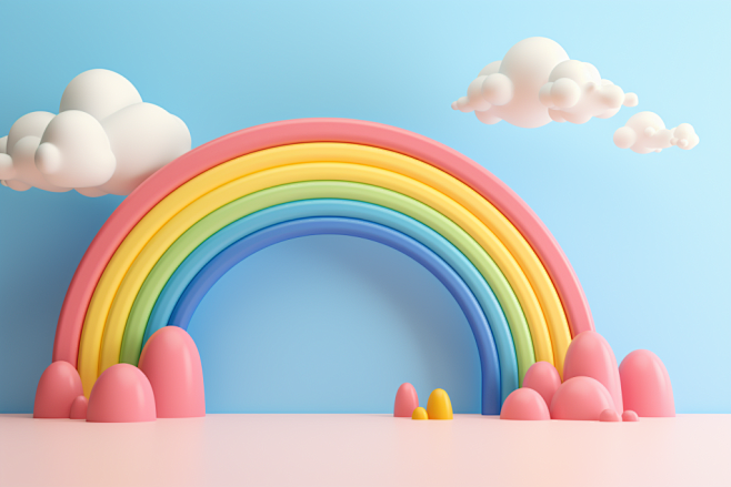 彩色云朵卡通立体彩虹模型背景图