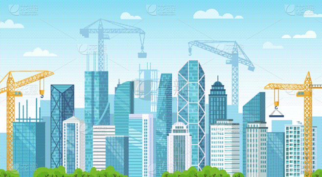 建筑业,绘画插图,卡通,城市,建筑外部,矢量,起重机,建筑工地,建造