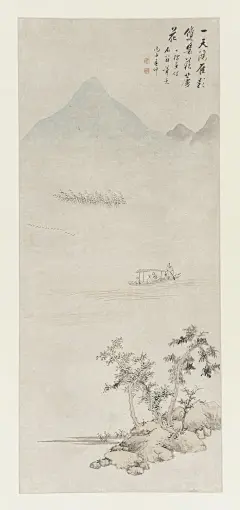 查士标——《仿沈周山水》【一天鸿雁影，双桨荡芦花】人物山水立轴欣赏  |  
清|查士标(1615--1698)，字二瞻，号梅壑散人，懒老。新安(今安徽歙县休宁)人，流寓江苏扬州。精鉴别，擅画山水，为海阳四家之一。清初著名画家，书法家和诗人。与孙逸、汪之瑞、僧弘仁等书画家一起被称为&quot;新安四家&quot;。
