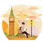 手绘-旅游景点人物插画贴纸-伦敦