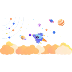 【米图网-52mitu.com】紫色 渐变 背景元素 火箭 小飞机 星球 星星 手绘 卡通 航天 探索宇宙 地球 云朵 扁平 航天日卡通书本里的宇宙