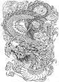 black and white,asian,japanese,fantasy,dragon,kitsune,tanuki,yeti,interior illustration