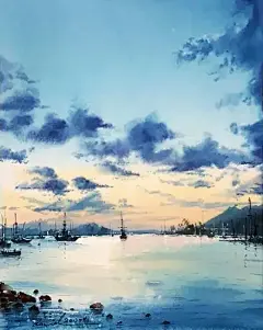 极具美感的蓝绿水彩色调，怎么可以不爱 : 伊朗艺术家贾维德·塔巴塔比,1973年出生于伊朗德黑兰,多次参加土耳其、法国、比利时、日本等全世界多个国家的展览。他的作品整体呈现蓝绿色调，十分具有深意，这种用蓝绿色来表现海天景色，水润感、色彩感都十分充足，是独具魅力的水彩艺术作品。