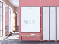 模拟场景，3d插图，运动，健身房，健身，更衣室空间，运动，模板，毛巾，教练，上，视图
