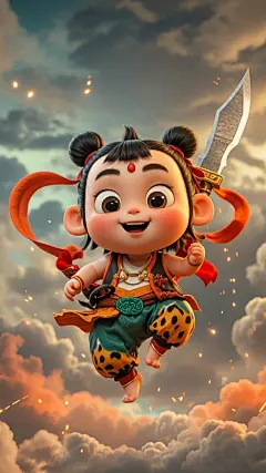 中国神话人物的哪吒，可爱的婴儿，大眼睛，黑眼圈，微笑着在空中跳跃，周围环绕着红色的烟雾丝带，扎着两个辫子，齐刘海，穿着哪吒服装，拿着他的武器，脚踩风火轮。3D风格，背景是一片多云的天空，乌云密布，火焰