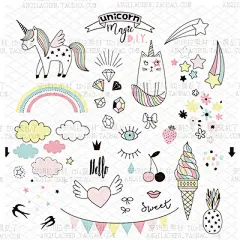 梦幻卡通独角兽儿童插画生日派对免包装抠矢量+png设计素材-淘宝网