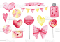 Valentine's set Watercolor hand drawn Valentine's day set. Cute pink and yellow illustrations. Love day clip arts. Art stock illustration