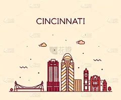 直的,俄亥俄州,城市,城市天际线,美国,辛辛那提,商务,现代,河流,剪影