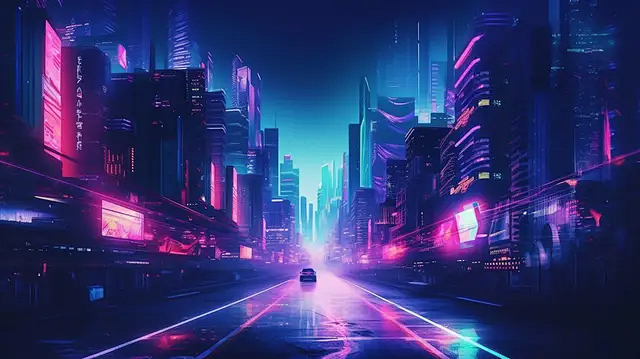 霓虹城市3d渲染沉浸式復古波背景, 未來...