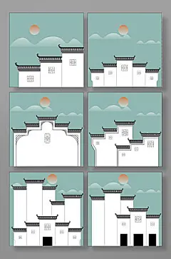 大气淡雅徽派建筑元素插画