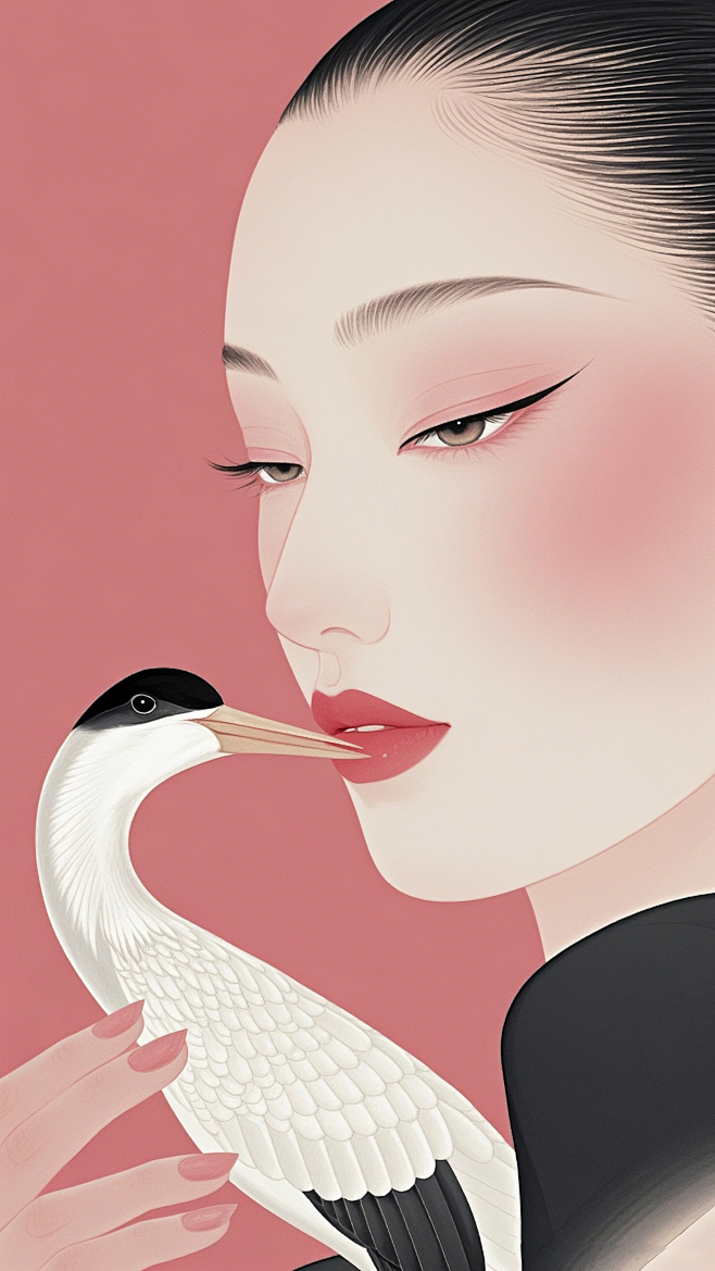 超现实摄影结合现代工笔画，亚洲艺术和插画、杂志封面、传单、海报艺术，运动极简主义风格，展示极简女性美，特写脸部，浅红色和浅黑色加白色，渐变 ...
