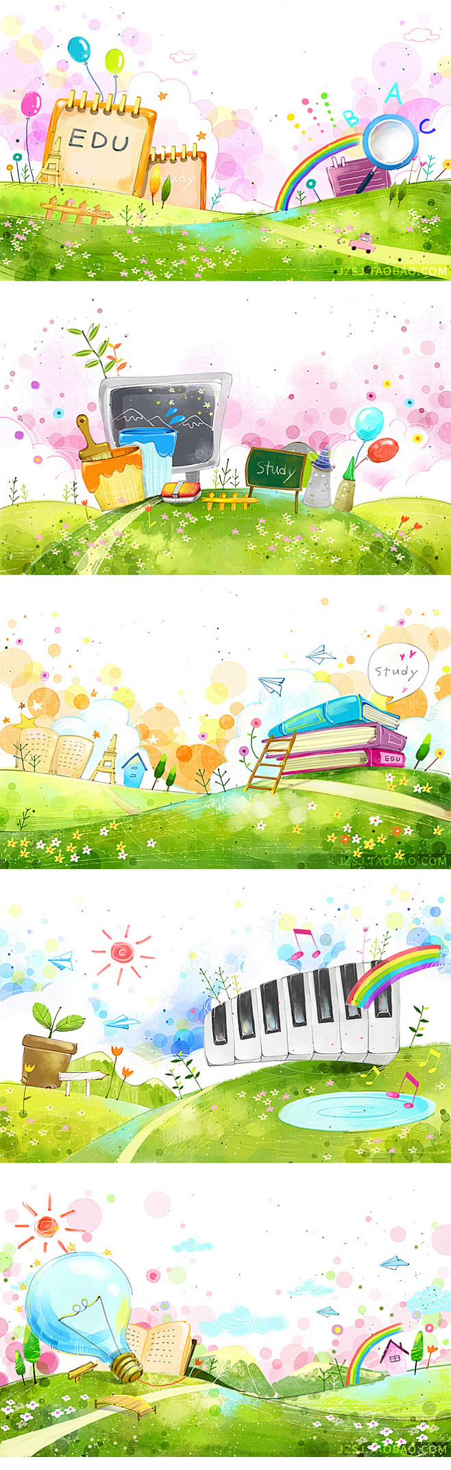 0521水彩绿色春天夏季草地童话插画教育...