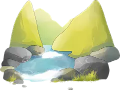 图标河景观树木山-宁静的河流流经绿色景观与山