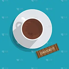 巧克力、零食。矢量插图。木桌上放着一杯咖啡。