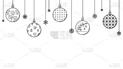 黑色涂鸦轮廓简单线抽象圣诞快乐圣诞球与雪花节日装饰新年快乐背景矢量设计风格