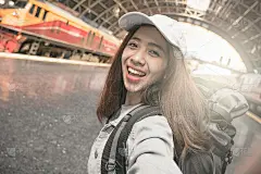 女旅行者背包旅行拍摄自拍照与智能手机在她的暑假。暑期旅游目的地概念。