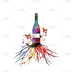 彩色葡萄酒瓶与树根矢量插图