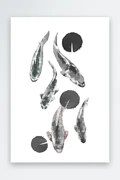 金鱼鲤鱼插图中国风水墨画手绘艺术小鱼设计-众图网