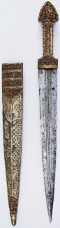 Persian dagger, 19th century, steel, silver, gold, L. with sheath 18 1/16 in. (45.9 cm); L. without sheath 16 13/16 in. (42.7 cm); L. of blade 12 1/4 in. (31.1 cm); W. 1 7/8 in. (4.8 cm); D. 13/16 in. (2.1 cm); Wt. 7.8 oz. (221.1 g); Wt. of sheath 7.8 oz.