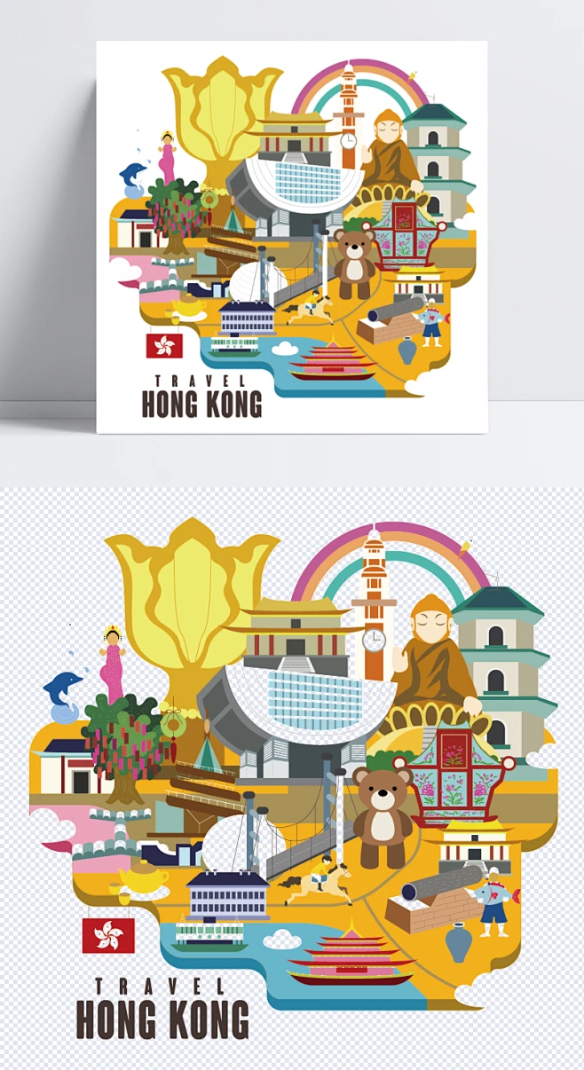 手绘香港景色|香港,紫荆花,手绘,彩虹,手绘建筑,香港区旗,旅行景点,游轮,佛像,香港旅游素材,卡通元素,手绘/卡通-花瓣网
