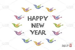新年贺卡与五颜六色的鸟