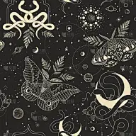 神秘夜晚的抽象插图。蛇的形象，手，月亮和太阳的阶段。神圣的几何图形。神秘的能量