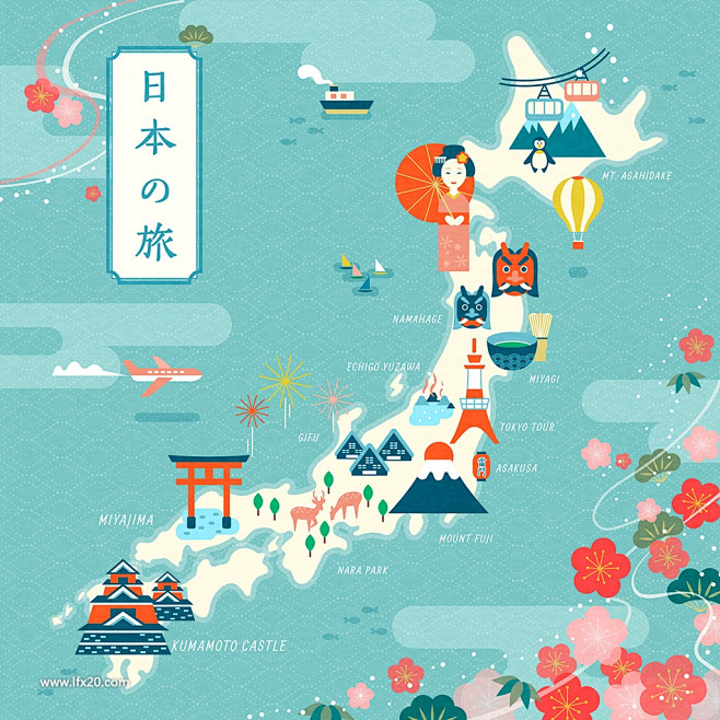 日本地图旅游景点指南工艺品插图插画
