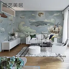 定制壁画 环保儿童房壁纸 现代卧室背景墙鲸鱼潜艇手绘墙纸壁画