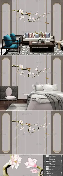 花纹图案-新中式手绘玉兰花鸟不锈钢镶嵌硬包花纹图案家居数码图案