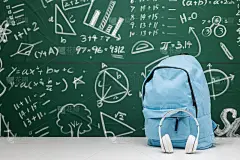 回到学校背景。文具在书包里。横幅设计教育用黑板上的数学公式。