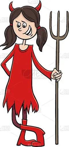 女孩在万圣节派对上的魔鬼服装卡通插图