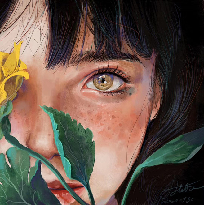 叶子遮住脸的女孩插画，欧美女孩头像插画