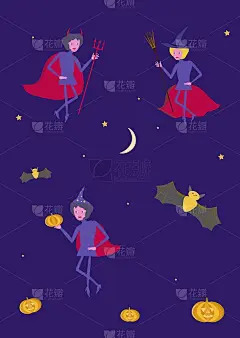 万圣节的彩旗上有南瓜、蝙蝠、扫帚、干草叉、三叉戟。平面向量插图。