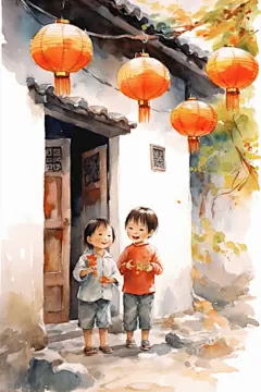 国潮中国风儿童水墨插画