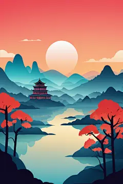 炫彩国潮风扁平山水意境插画