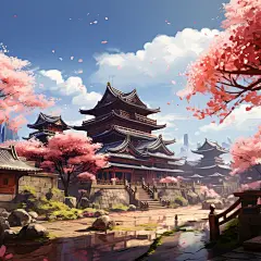 (4/4)樱花佛塔、艺术、漫画、壁纸、日本、粉色、以Dima DMITRIEV的风格、空间概念艺术、平刷画法，写实，详细的渲染，樱花，饱和色域，2D游戏艺术(AI绘图来自WeDraw.art)