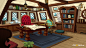CGwall游戏原画网站_卡通游戏场景设计-木船上室内设计：书柜、望远镜、地球仪