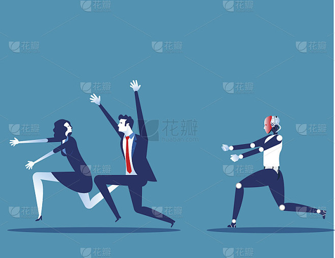 机器人追赶人类。技术、工程、计算机科学和人工智能的风险和危险的概念。