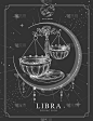 现代魔法魔法卡带有天秤座生肖。逼真的手绘比例插图