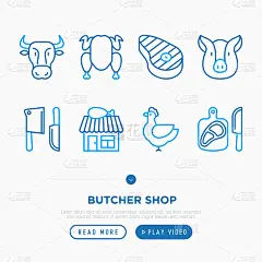 肉铺细线图标集:肉排、牛肉、猪肉、鸡肉、切菜板、切肉刀。现代向量插图。
