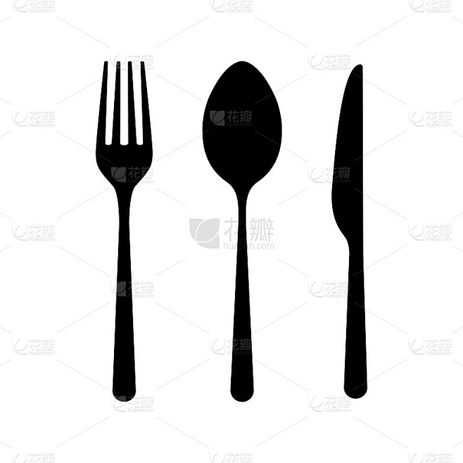叉子勺子刀图标上的白色背景。扁平式餐具。咖啡馆或餐厅用的餐具。银器收藏孤立。厨房物品干净设计。矢量图素材-花瓣网