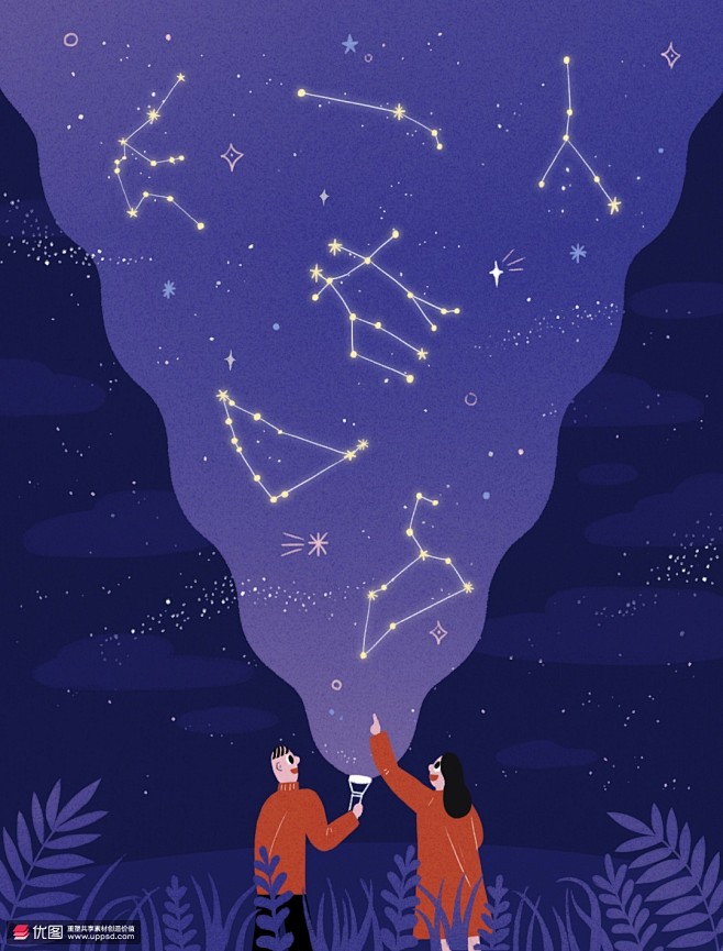 探索星空星座星系浪漫情侣梦想插画PSD休...